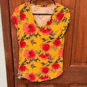 Vibrant Floral V-Neck Blouse - Yellow and Red